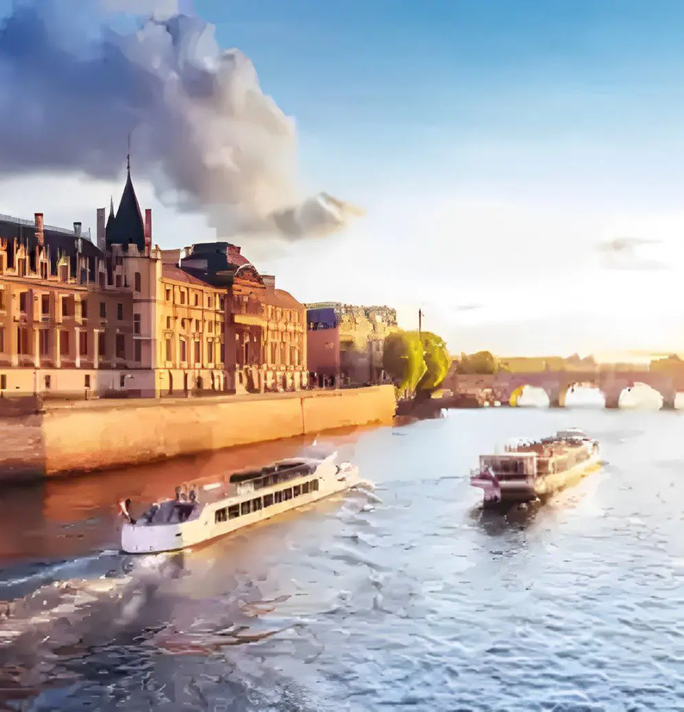 Two boats travel on a river beside historic buildings, with a bridge spanning the waterway in the distance under a cloudy sky.