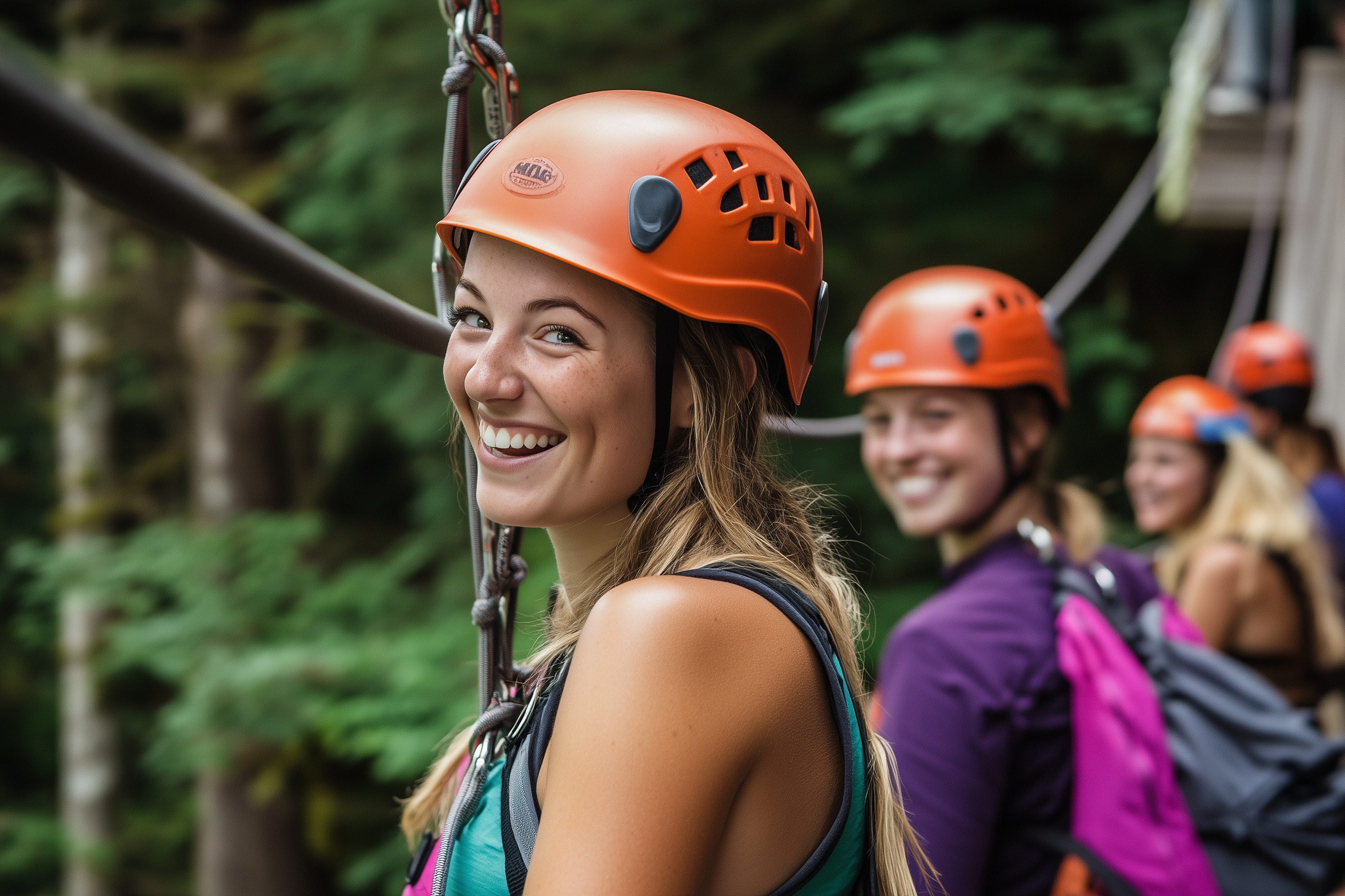 friends gearing up for an adventure, smiling with excitement before taking off on the zip line friends gearing up for an adventure, smiling with excitement before taking off on the zip line