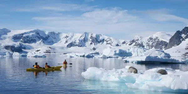 qt=q_63 (2) Kayakers and seals in Antarctic landscape.