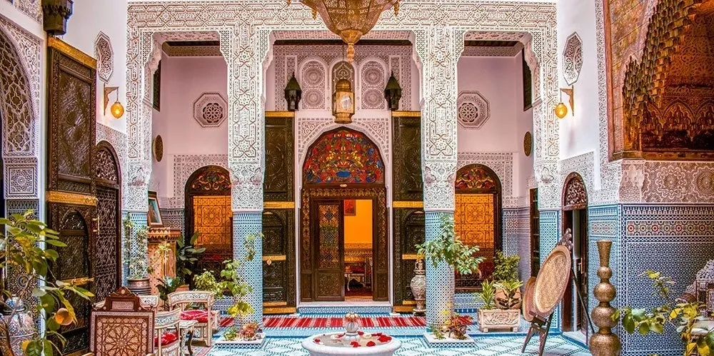 Ornate Moroccan courtyard interior design.