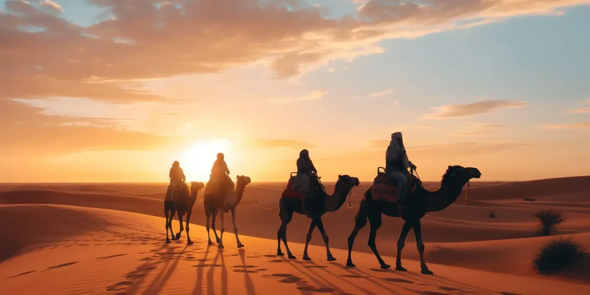 Camel caravan sunset desert silhouette.