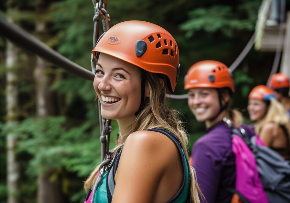 friends gearing up for an adventure, smiling with excitement before taking off on the zip line Smiling woman in orange helmet ziplining.