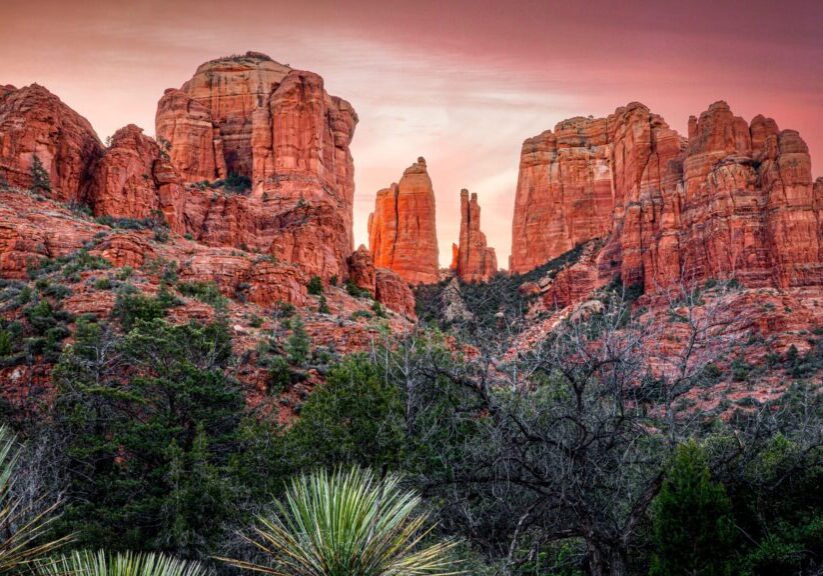 Red rock formations at sunset.